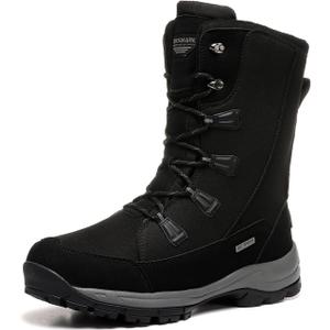 ROCKMARK Mens Winter Mid-Calf Snow Boots Fur Lined Warm Waterproof Slip On Outdoor Athletic Snow Boots (9, Black)