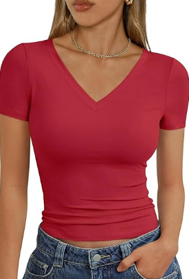 Womens Basic V Neck Short Sleeve T Shirts Slim Fit Crop Y2k Tee Shirt 2025 Summer Cute Gym Fashion Clothes Streetwear, Size M