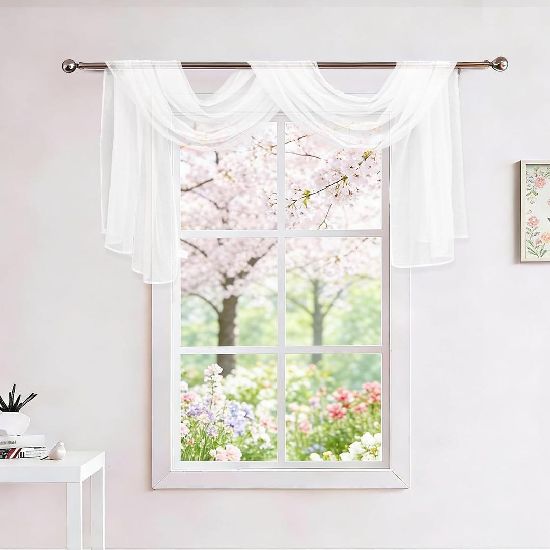 Showgeous 2 Panels White Window Scarf Valance Sheer Canopy Bed Curtains 52" X 144" Extra Long Topper Window Treatment Elegant Curtain Scarves Soft Voile Swag Curtain Drapes for Wedding Arch Home Decor