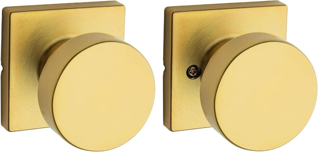 Kwikset Pismo Interior Passage Door Knob, Handle for Closet and Hallway Doors, Non-Locking Doorknob, Satin Brass, Square, Microban Protection