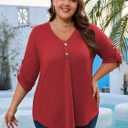 Siddhe Womens Plus Size Tops Button 3/4 Sleeve V Neck Blouses Dressy Casual Tunic Tops for Curvy Women Loose Fit XL-5XL (Red)
