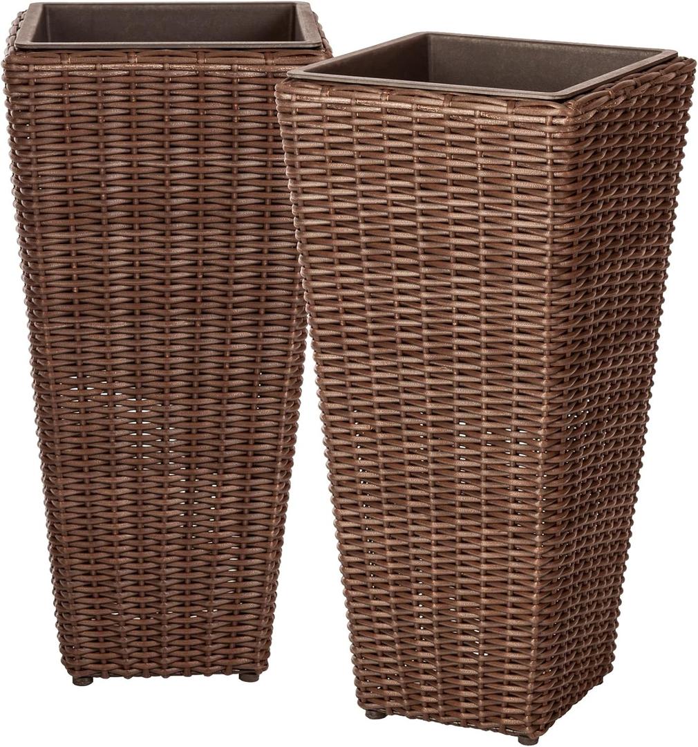 62501 Alto Wicker All-Weather Planter Set with Liners Tall Plant Decor Box for Outdoors Patio Herb Garden Furnishings - Mocha - Pack of 2