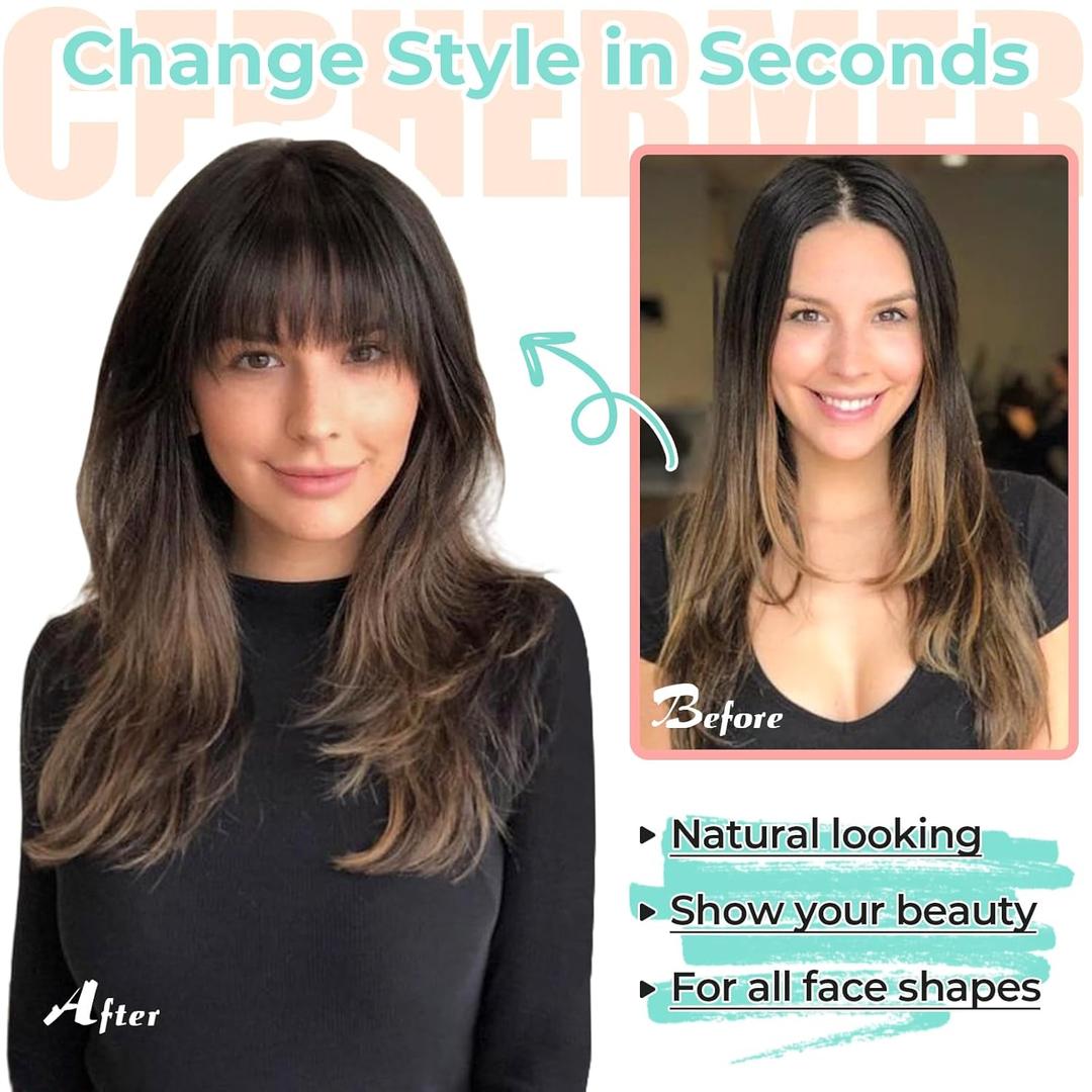 Cephermer Clip in Bangs, Synthetic French Bangs Hair Clip, Fake Bangs Fringe with Temples Hairpieces for Women Natural Curved Hair Extensions for Daily Wear Light Chestnut Brown