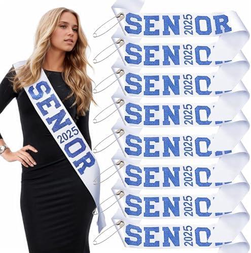Wecrocs Senior 2025 Sashes, White with Royal Blue Glitter Letters, Graduation Party Supplies, Celebration sash, Pack of 8