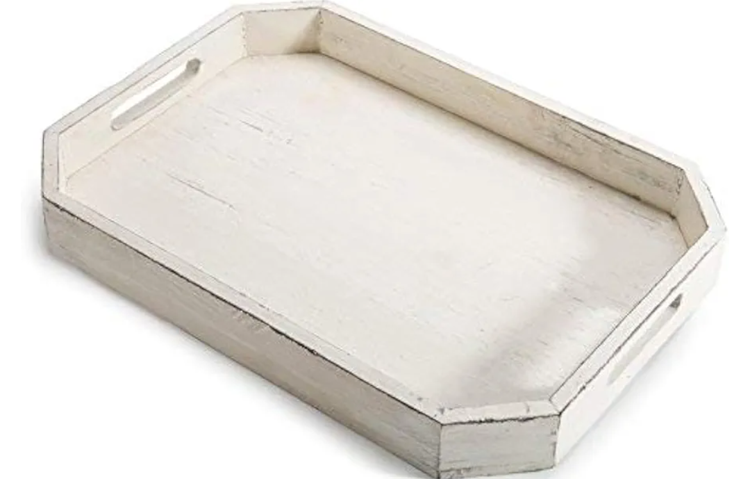 MyGift Whitewashed Wood Serving Tray with Handles and Angles Edges, Farmhouse Coffee Table Decorative Tray