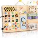 Joyreal Wooden Busy Board Montessori Toys for Toddlers, Sensory Activity Board with LED Lights, Music Box & Locks, Educational Learning Toy Gifts for Boys and Girls