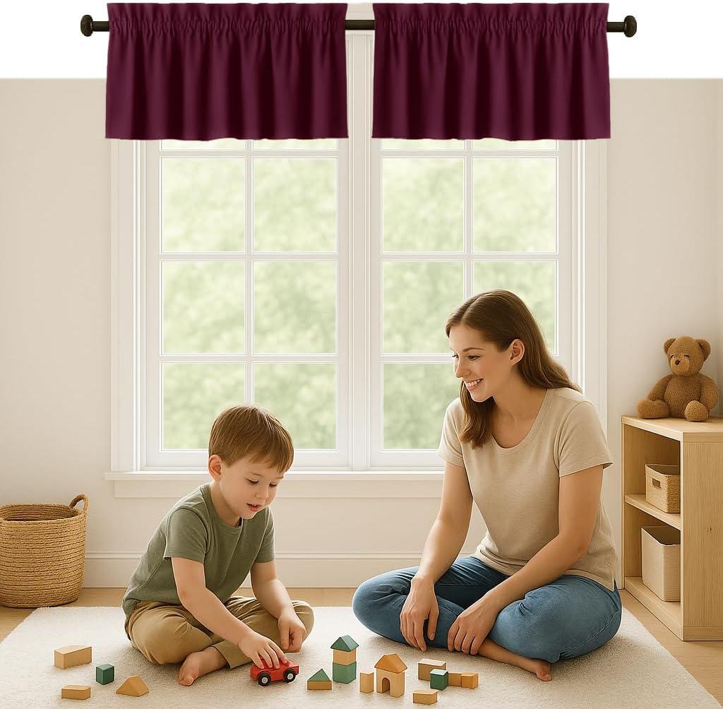 Burgundy Valance Curtains 2 Pack, 54x18 Inches, 100% Cotton, Rod Pocket Window Valances, Semi Sheer Short Curtain for Kitchen, Farmhouse, Caf, Bedroom, Bathroom, Living Room Dcor