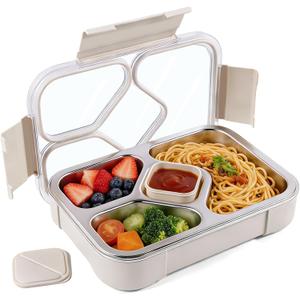 Stainless Steel Bento Box Adults, 4 Compartments Metal Lunch Box, 34oz Leakproof Meal Prep Snack Container, Dishwasher Safe, BPA-Free (Khaki)
