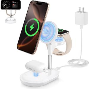 3 in 1 Wireless Charging Station for Apple MagSafe Charger, 15W Fast Qi-Certified Magnetic Mag-Safe Charger Stand for iPhone 16 15 14 13 12 iWatch AirPods, Adjustable Angle, Gifts for Women (White)