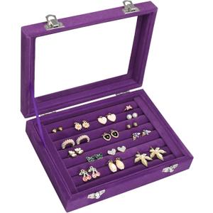 Vicoter Rings Organizer Tray 7 Slots Velvet Jewelry Earring Storage Box with Transparent lid Jewelry Display Case for Girls Wife Mom Women (Purple)