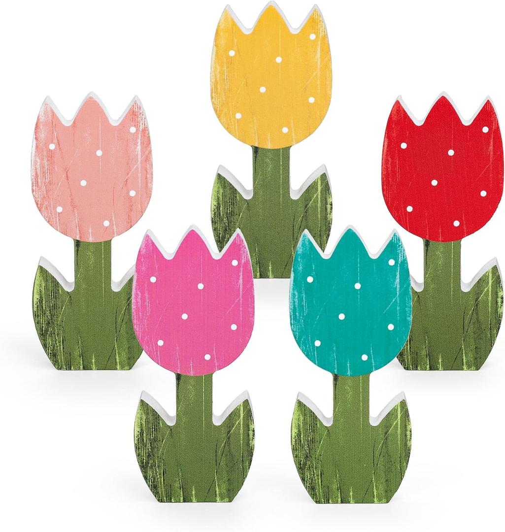 5 Pcs Retro Spring Tulip Wooden Table Sign Rustic Farmhouse Tulip Tabletop Centerpiece Colorful Flower Blocks Tiered Tray Decoration for Home Party Office Mantel Decor