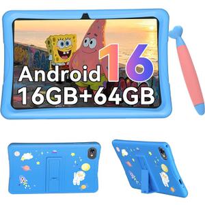 Kids Tablet 10 inch, Android 16 Tablet for Kids Ages 6-12, 16GB RAM 64GB ROM 2TB Expand, Parental Control, HD Eye Protection, Includes Case & Stylus Pen, WiFi, Blue