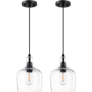 2 Pack 1 Light Hanging Indoor Kitchen Island Pendant Light 6.1" Clear Seeded Glass Pendant Light Fixtures Black Finish Modern Farmhouse Dinning Over Sink