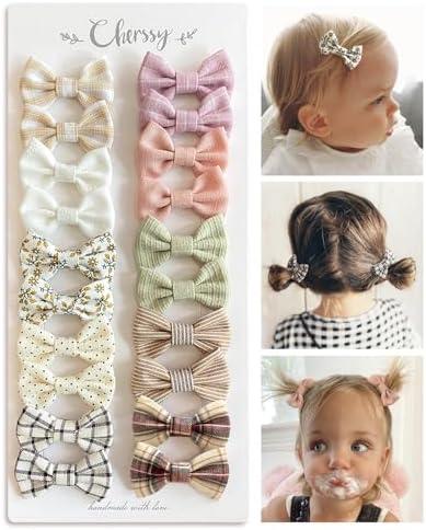 Baby Girls Hair Bow Clips, 20pcs Boutique Cotton Fully Lined Hair Pins, Non Slip Baby Barrettes Accessories for Infants Toddlers Fine Hair by Cherssy