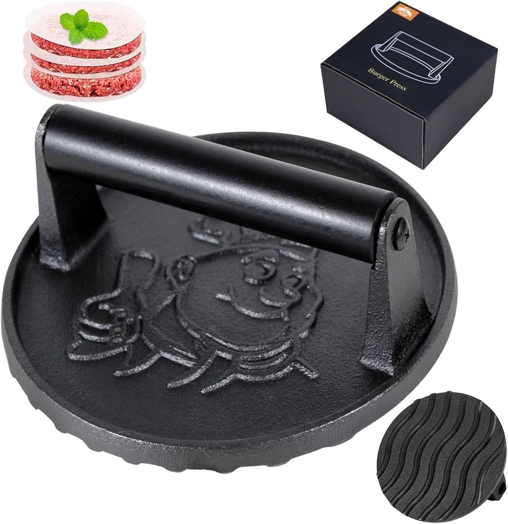 Smash Burger Press-Heavy Duty Hamburger Press with Heat Insulation Handle-6 Inch Cast Iron Burger Smasher,Bacon Press,Sandwich Press-Round Grill Press for Griddle-50 PC Burger Press Patty Paper