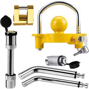 Trailer Hitch Security Lock Set Including Yellow U-Shaped Universal Ball Hitch Lock, 1/2" and 5/8" Receiver Hitch Pin Lock, Golden Trailer Hitch Lock Coupler Locking Pin, Share The Same 2 Keys