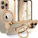 GUAGUA for iPhone 15 Pro Max Case with Stand, Magnetic Clear Cases Plating Edge Invisible Ring Holder Slim Shockproof Protective Kickstand Phone Case for iPhone 15 Pro Max 6.7'', Desert Titanium Gold