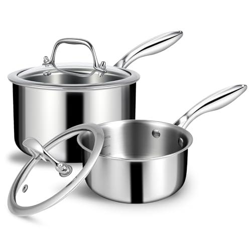 EWFEN 3 Ply Stainless Steel Sauce Pan Set with Lids, 1 & 2 Quart Multipurpose Cooking Pot, Stay-Cool Handle, Induction Oven Dishwasher Safe, 1QT & 2QT
