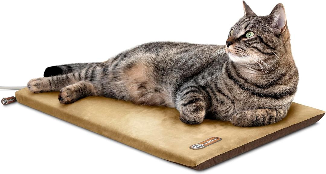 K&H Pet Products Heated Cat Bed Pad for Indoor Cats, Thermo-Kitty Mat Calming Warm Pet Heating Pad for Inside Pets, Machine Washable, Waterproof Heater, Safety Listed - 12.5 X 25in Mocha/Tan