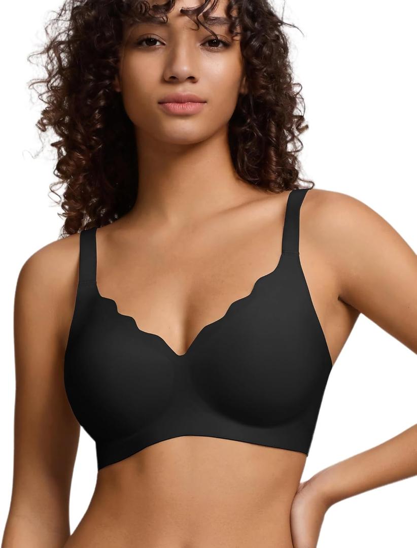 DEANGELMON Women's Seamless Bras No Underwire Comfort Bralettes Push Up Bras Wireless Scalloped Full Coverage Everyday Bra(1P2, M) Black