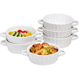 Bruntmor Ceramic Soup Bowls with Double Handles, 10 Oz Stacked Bowls for French Onion Soup, Cereal, Pot Pies, Stew, Chill, Pasta, Set of 6,Black with White Interior