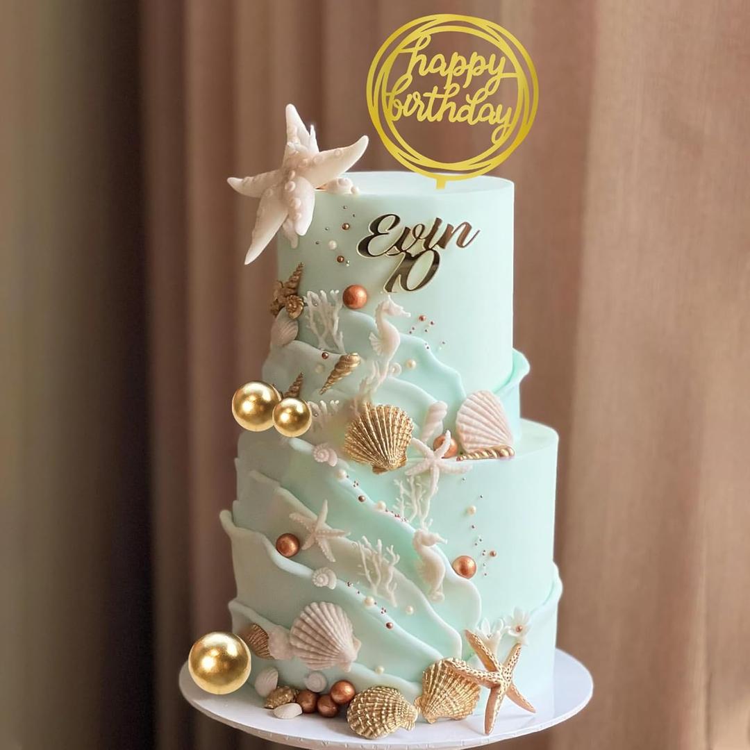 DRWATE Starfish Conch Cake Toppers Seahorse Shell Coral Cake Decorations with Golden Ball Cake Toppers for Shell Starfish Beach Themed Party Ocean Summer Party Supplies (Style 01)