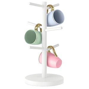 Wisuce White Coffee Mug Tree, Updated Thick Bamboo Mug Holder Base, Coffee Cup Stand Mug Holders with 6 Hooks for Countertop Organizer Stand