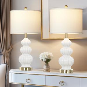 Modern White Table Lamps Set of 2 - Bedside Lamps for Night Stands, 26" Triple Gourd Ceramic Lamps for Living Room with USB A+C Ports & AC Outlet,3 Way Touch Lamps for Bedroom (LED Bulbs Included)