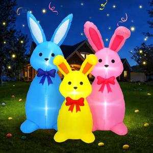 5FT Bunny Family Easter Inflatables Outdoor Decorations, Blue Yellow Pink Three Rabbits Inflatable Built-in 5 LED, Easter Blow up Bunny for Party Yard Lawn Garden Decor