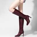 YIYA Cherry Red Boots for Fall Square Toe Chunky High Heels Dark Red Knee High Long Boots Pull On, 40