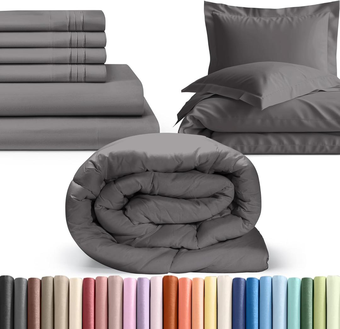 6 Piece Dark Grey California King Bed Sheet Set with Comforter + Duvet Cover – 16 inch Deep Pockets – 1 Flat, 1 Fitted Sheet and 4 Pillowcases – Oeko-TEX - Soft & Wrinkle Free - Hotel Luxury Bedding