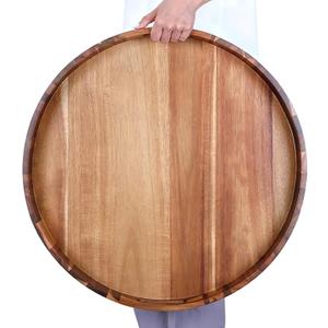 Extra Large 22INCH Premium Acacia Wood Tray Round Ottoman Tray with Handles Wooden Serving Tray Multi-Use for Dinner Breakfast in Bed Coffee Table Snack Entertaining Guests
