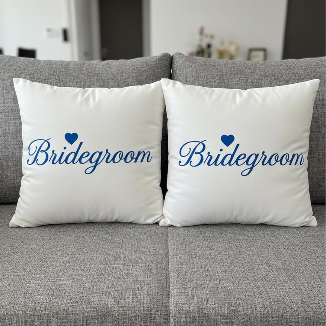 Bride and Bridegroom Pillowcases (18x18 inches, Set of 2) White and Blue Bride Pillowcases, Short Plush Soft Sofa Cushion Covers for Bedroom Living Room Sofa Home Decor for Newlyweds