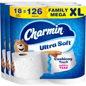 Charmin Ultra Soft Cushiony Touch Toilet Paper, 18 Family Mega XL Rolls = 126 Regular Rolls