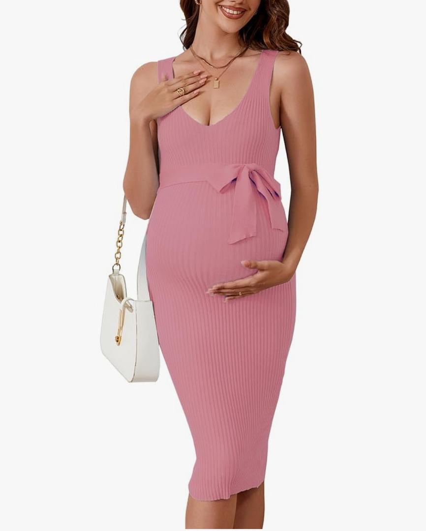 Maternity Dress Sleeveless Rib Knit V Neck Casual Summer Baby Shower Dresses Pregnancy Clothes with Belt (X-Large, Pink)