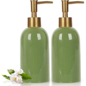 Natheeph 14OZ Ceramic Soap Dispenser Ceramic Soap Pump Dispenser Can Fill Liquid for Bathroom/Kitchen (2PC Green)