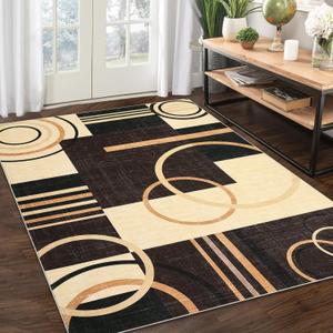 Washable Rug 5x7 Abstract Circles Area Rug Non Slip Floor Carpet Contemporary Soft Rug Low Pile Accent Rug for Indoor Living Dining Room, Brown