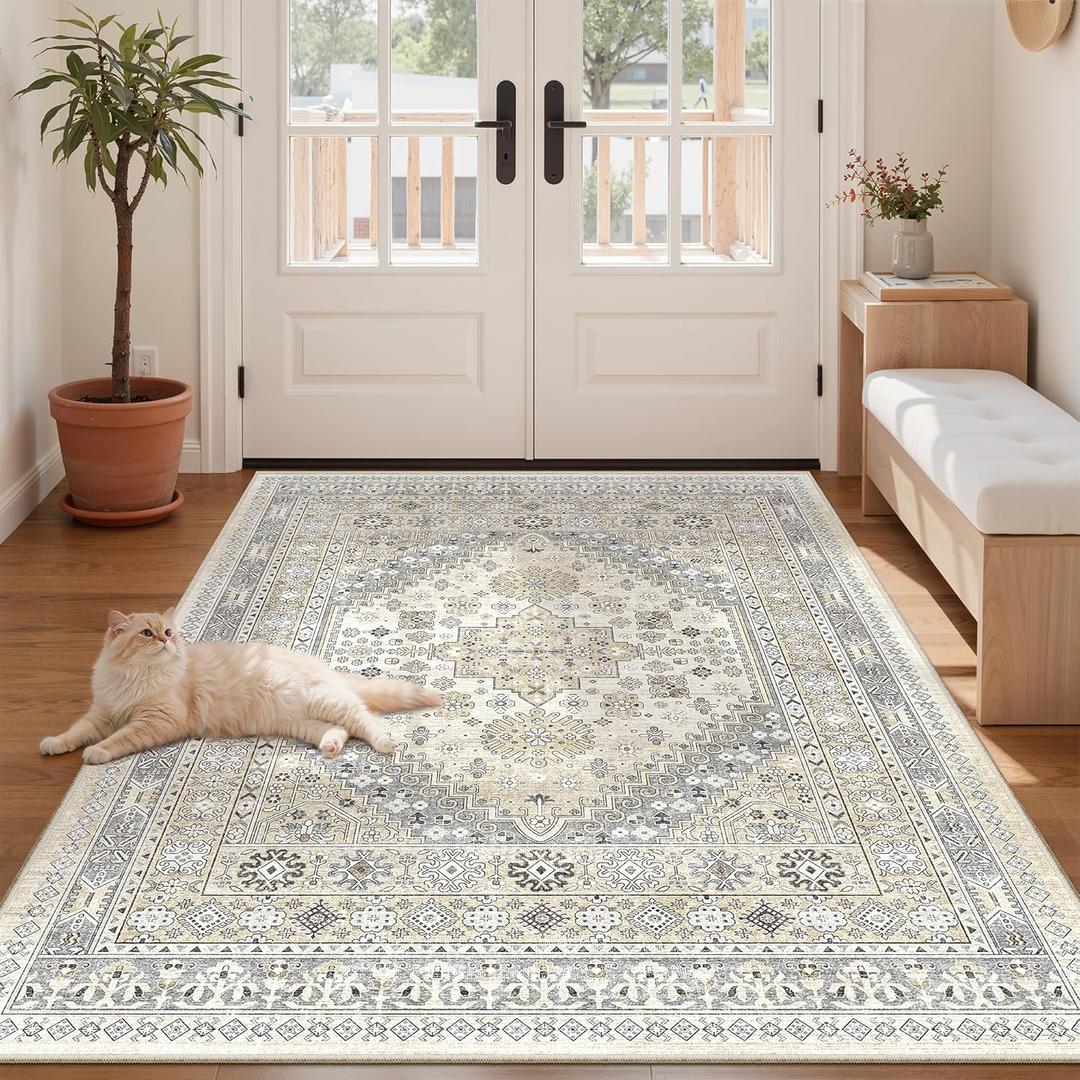 zesthome 3x5 Rug Ultra Soft Washable Rug, Non Slip Area Rug Indoor Entrance, Stain Resistant Rugs for Living Room Bedroom, Vintage Home Decor Area Rugs (Beige,3'x5')