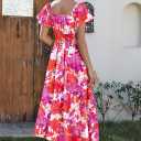 Duigluw Women's Casual Summer Midi Dresses 2025 Puffy Short Sleeve U Neck Boho Floral Flowy Maxi Dress (Large)