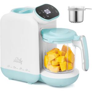 Chefhandy Baby Food Maker with Stainless Steel Steam Basket, One-Step Baby Food Processor Steamer Blender Puree Maker, Auto Steam & Blend for Homemade Baby Food, Includes 6 Reusable Food Pouches (White-blue)