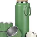 750ml/27 OZ Coffee Thermo with 3 cups, Insulated Water Bottle, Stainless Steel Vacuum Flask Set for Hot and Cold Drinks, Gifts Box (Grass Green)