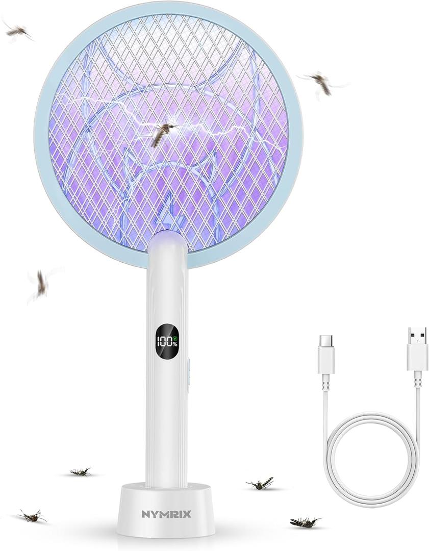 Nymrix Electric Fly Swatter Racket, 2 in 1 Mosquito Bug Zapper 4100V Handheld Mosquito Killer with 1800 mAh Rechargeable Battery, Purple Light and 3-Layer Safety Mesh for Indoor Outdoor Blue