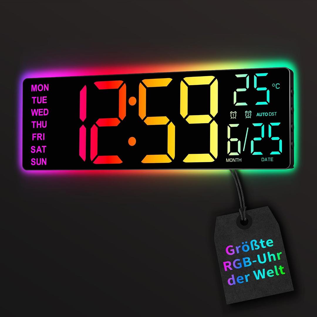 EASYERA 16.5" Large Digital Wall Clock with BT Sync, RGB Lights with 11 Scenes Mode Remote Control, Dual Alarms with Big LED Display, Auto DST, Temperature for Classroom Gaming, Black