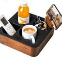 Couch Cup Holder Tray, Acacia Wooden Couch Caddy with Rotatable Phone Holder for Bed Organizer, Waterproof Anti-spill Sofa Cup Holder for Snacks Beverage Remote Black