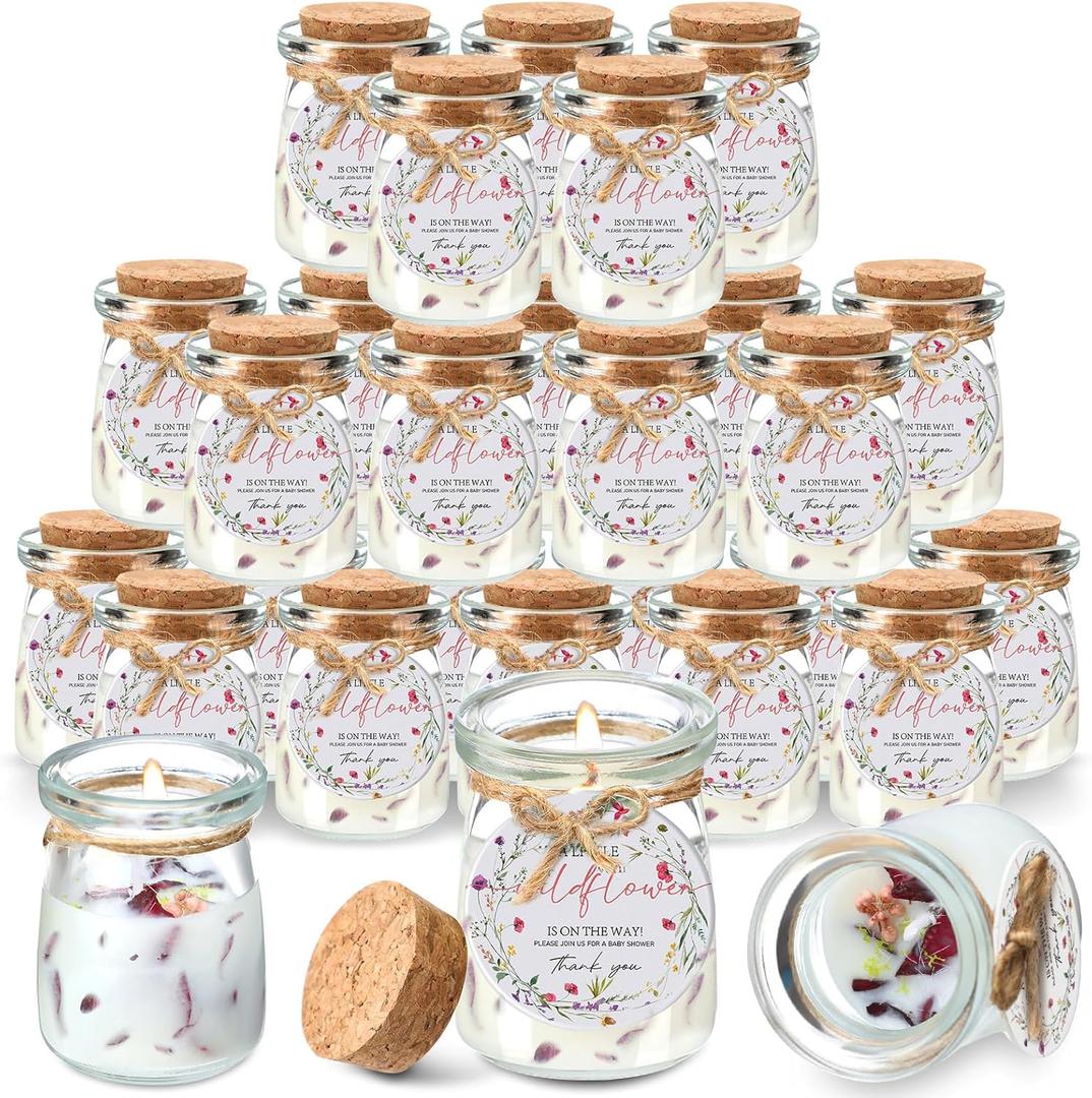 20 Pcs Wildflowers Baby Shower Favors Party Candle Lavender Scented Glass Mason Jar Wax Candle Bulk for Guests Girl Boy Gender Reveal Party Gifts(Colorful)