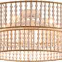 24" Boho Chandelier Light Fixtures,5 Lights Farmhouse Wood Beaded Drum Chandeliers Rattan Handed Woven Lighting for Dining Room Living Room Kitchen Bedroom
