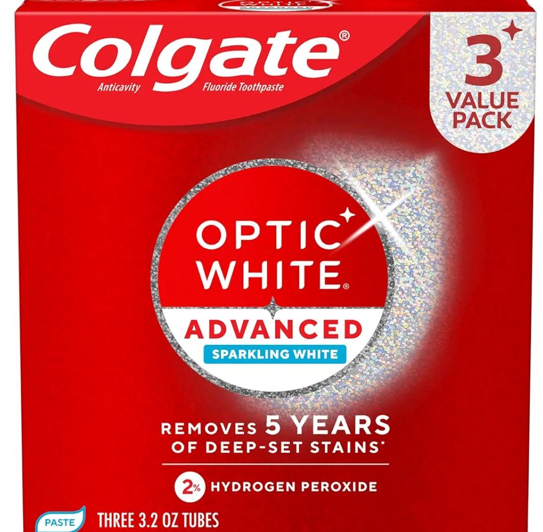 Colgate Optic White Advanced Hydrogen Peroxide Toothpaste, Teeth Whitening Toothpaste Pack, Enamel-Safe Formula, Helps Remove Tea, Coffee, and Wine Stains, Sparkling White, 3 Pack, 3.2 oz