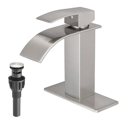 Waterfall Bathroom Faucets Brushed Nickel Modern Single Handle Sink Faucet for 1 or 3 Holes with Deck Plate and Pop-Up Drain, Rv Sink Camper Farmhouse Faucet
