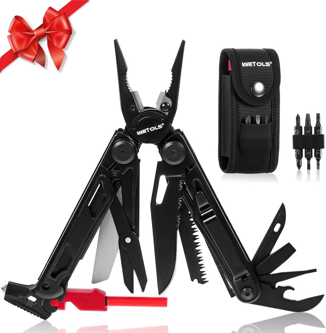 WETOLS Multitool with Pocket Knife, 27-in-1 Stainless Steel Needle Nose Pliers with Screwdrivers, Self-locking Multi tool EDC Gear with Sheath, Ideal for Survival, Outdoor, Camping (Black)