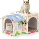 2 Story Cardboard Cat House with Scratcher Pad for Small Kitten,17x12x10 Multi Level Durable Cat Condo & Villa for Bunny Rabbit Small Animals Christmas Birthday Gift(Beach)